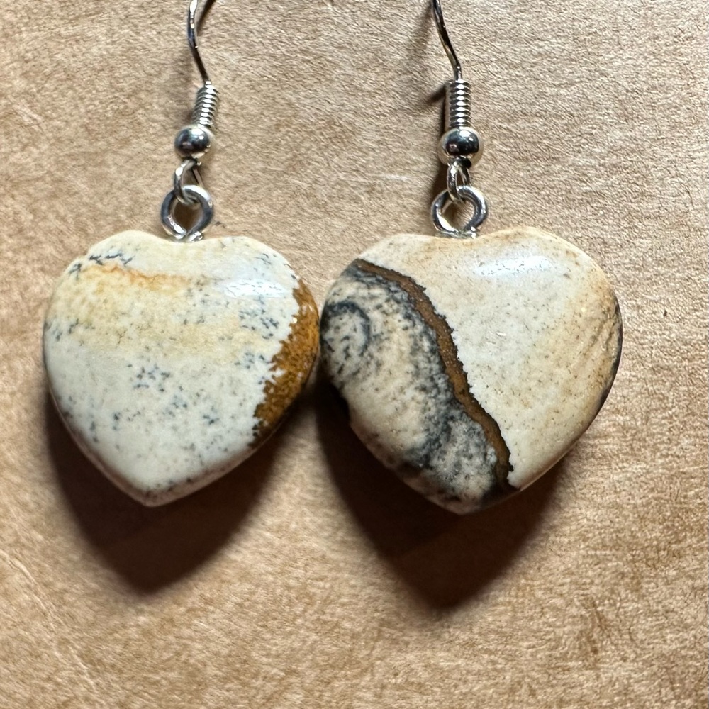 Picture Jasper Heart Earrings. Beautiful hearts on stainless steel fish hooks.